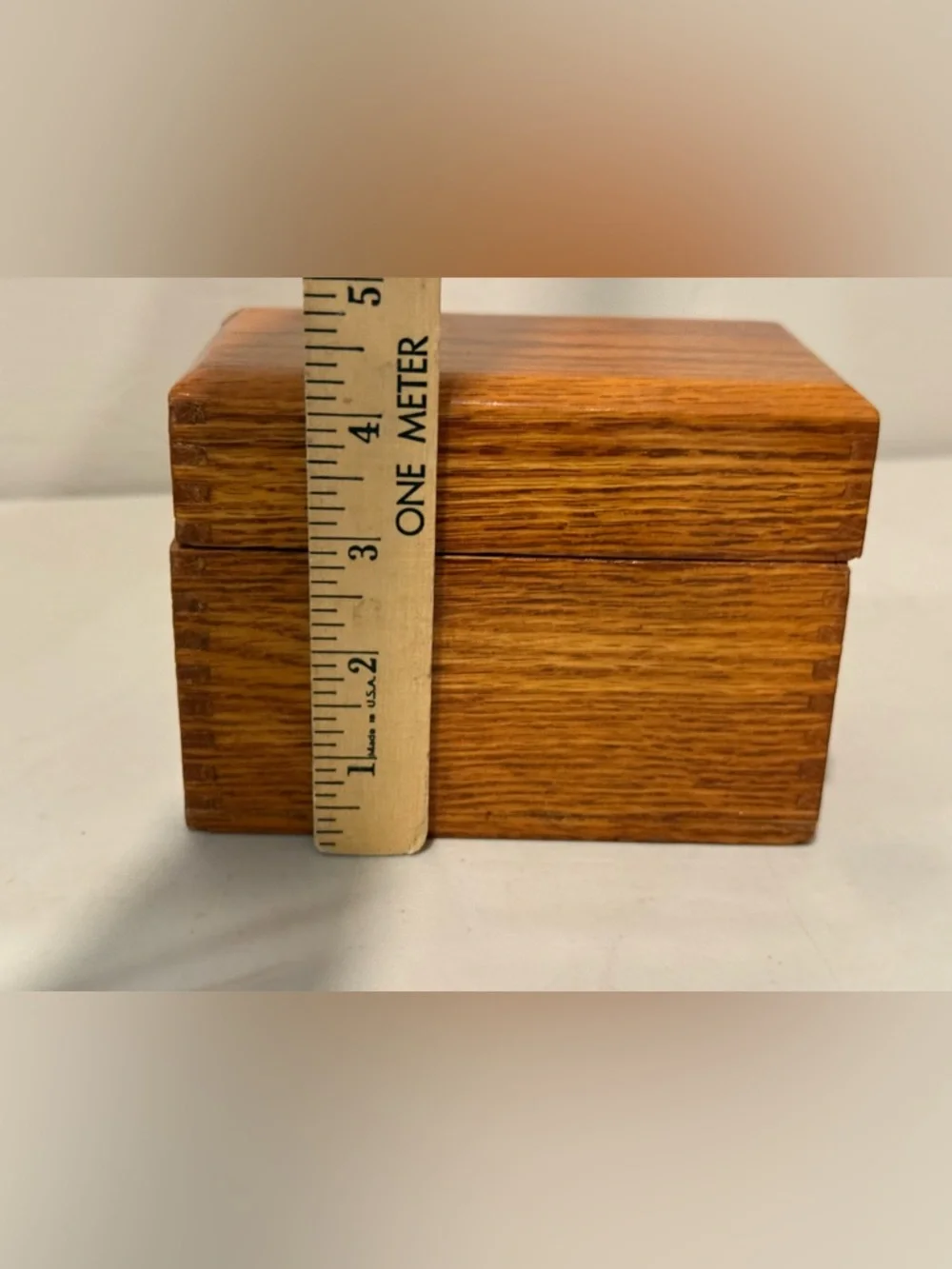 Vintage Lacquered Oak Dovetailed Index Card File Box Recipe Wood Brass Hinges